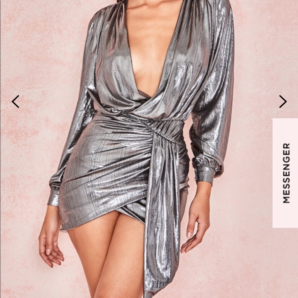 Alvona-METALLIC SILVER DRAPE MINI DRESS